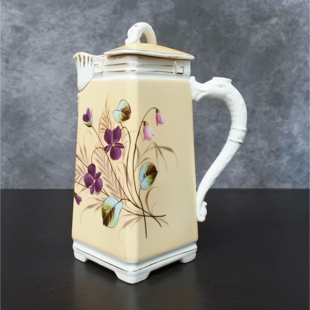 Antique Hand Painted Violet Floral Porcelain Coffee Pot